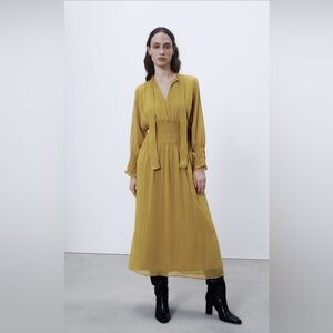Zara Mustard Yellow Ruched Waist Tie Neck Maxi Dress Size XL